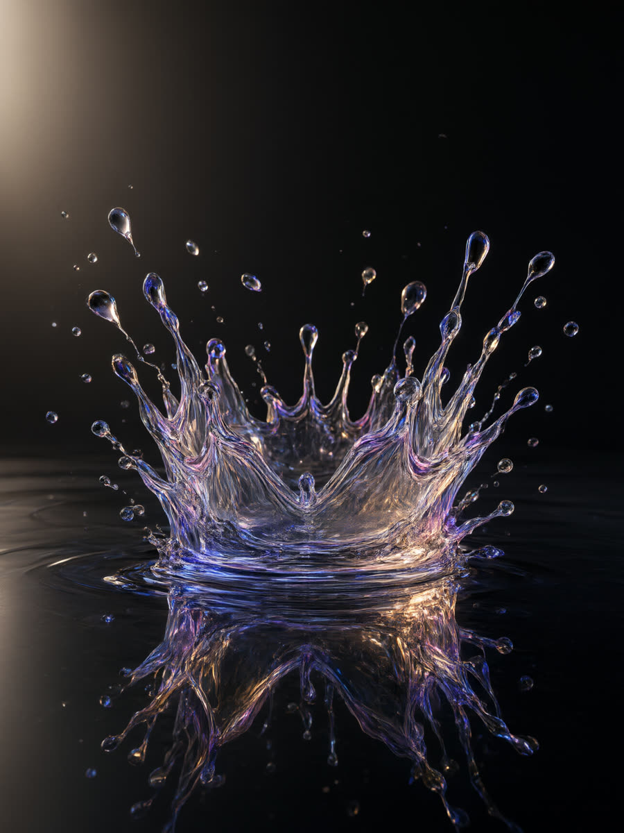 A crown-shaped splash of translucent liquid on dark water