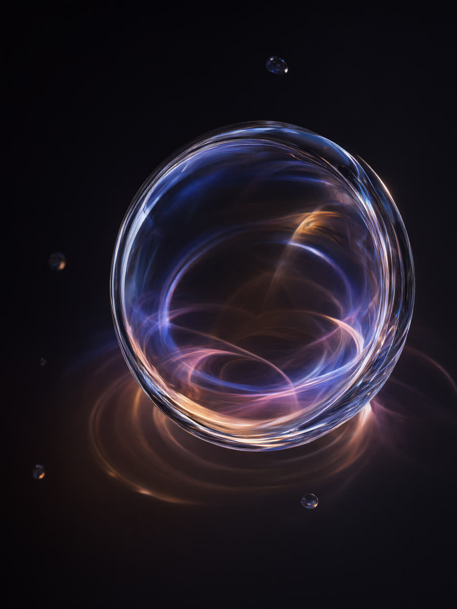 A thick clear glass lens orb floating above a glowing ring