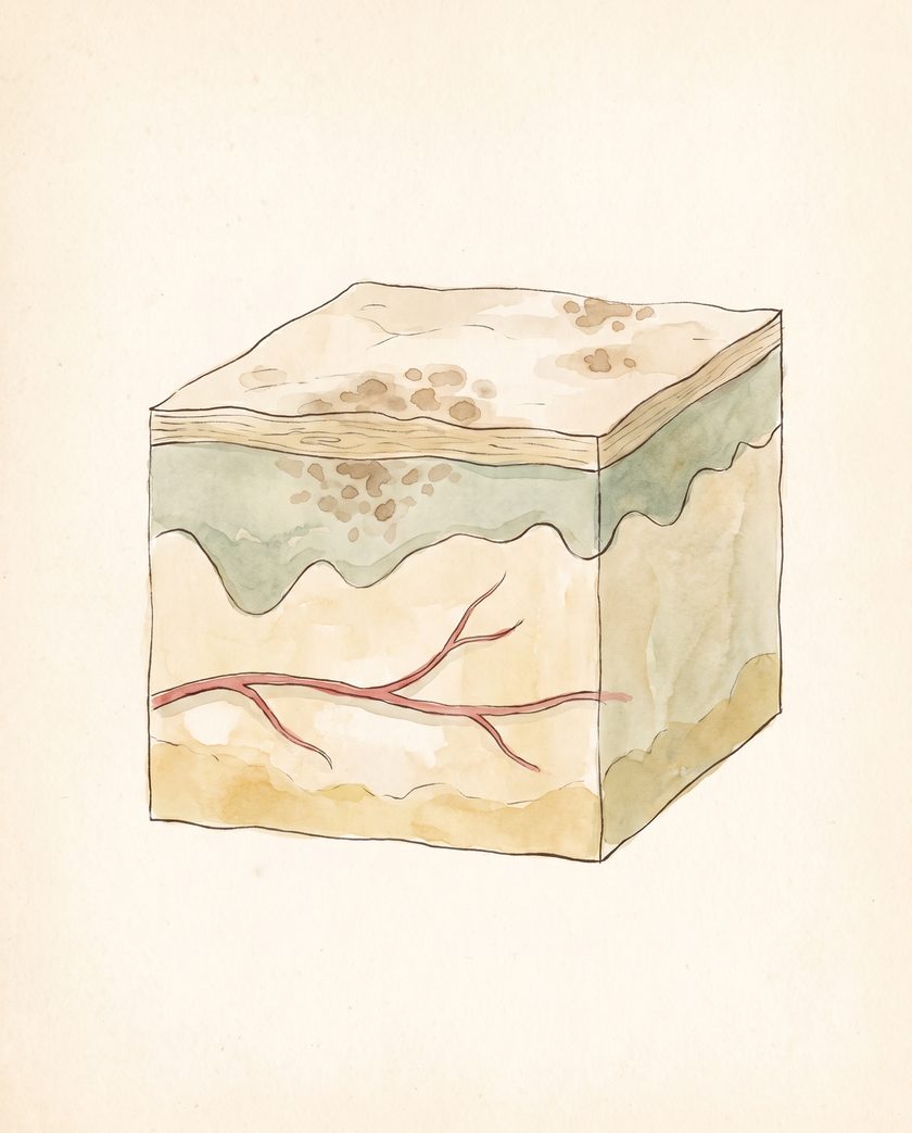 An ink and watercolour cube of skin, with brown pigment clusters in the top layers and a branching red blood vessel deeper down