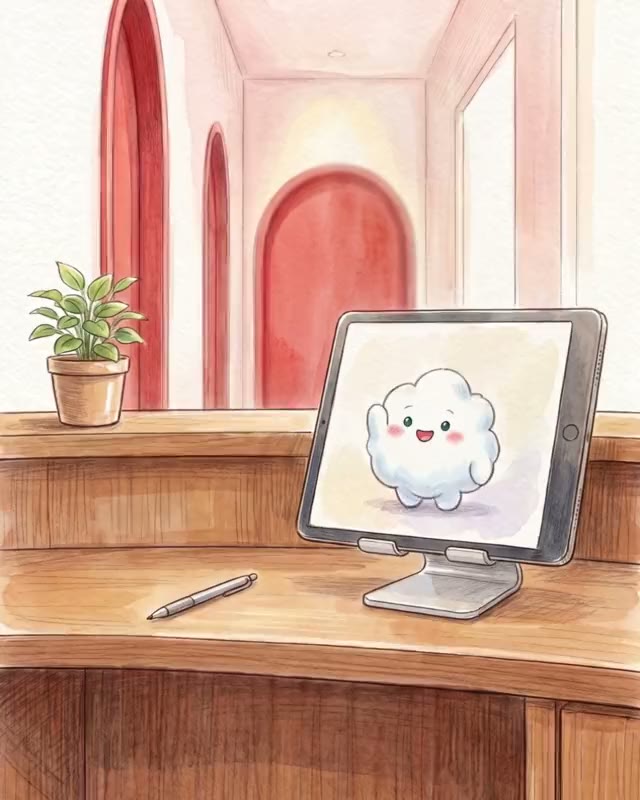 Cloudpuff on the iPad at the reception desk, drawn in coloured pencil and watercolour