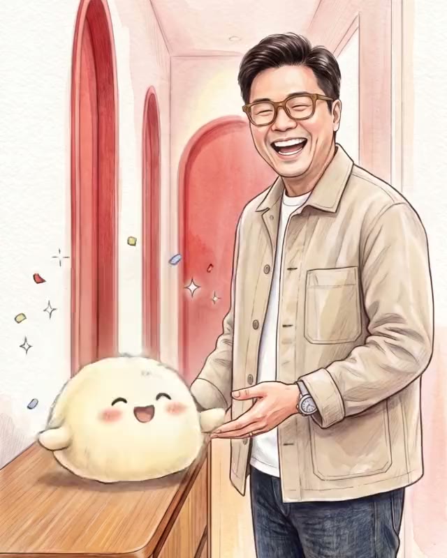 Dandelion cheering in confetti beside Dr Ong, drawn in coloured pencil and watercolour