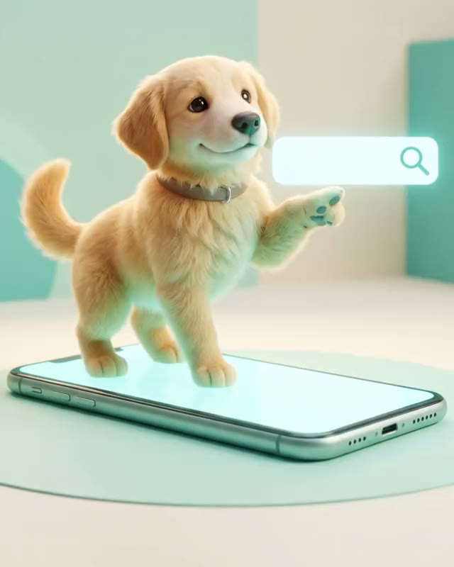 Hazel the golden retriever pointing at a search bar on a phone