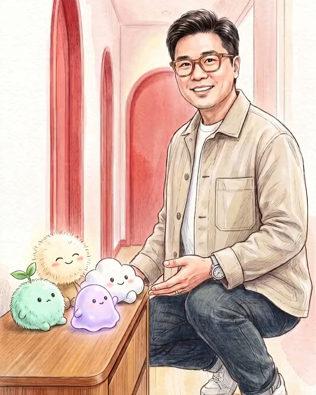 Dr Ong in the clinic corridor with Mochi, Lavender, Dandelion and Cloudpuff, drawn in coloured pencil and watercolour