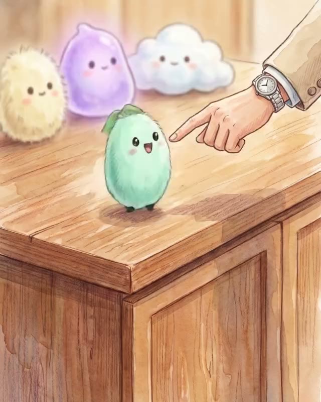 Mochi hopping on a table, drawn in coloured pencil and watercolour