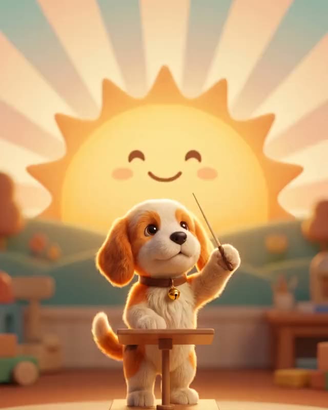 Wally the puppy conducting in front of a smiling sun