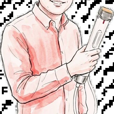 A hand-drawn sketch of Dr Ong holding the XERF handpiece