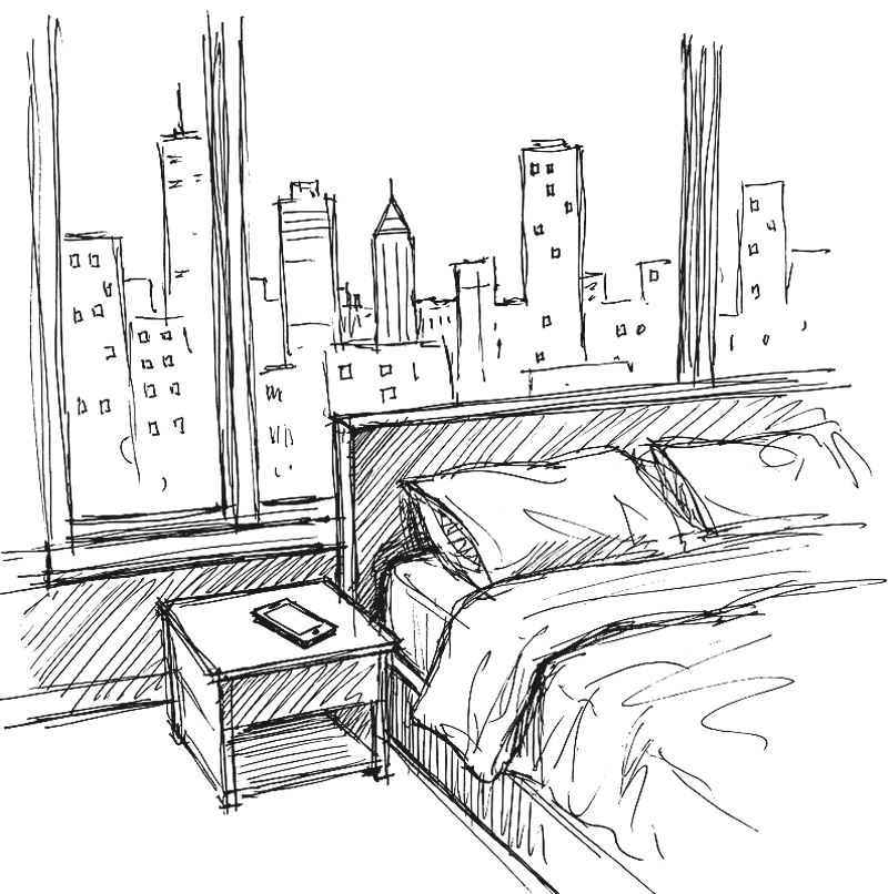 A hand-drawn sketch of a bedroom at night: a tall window onto a city skyline, a bed with rumpled pillows and a phone on the bedside table