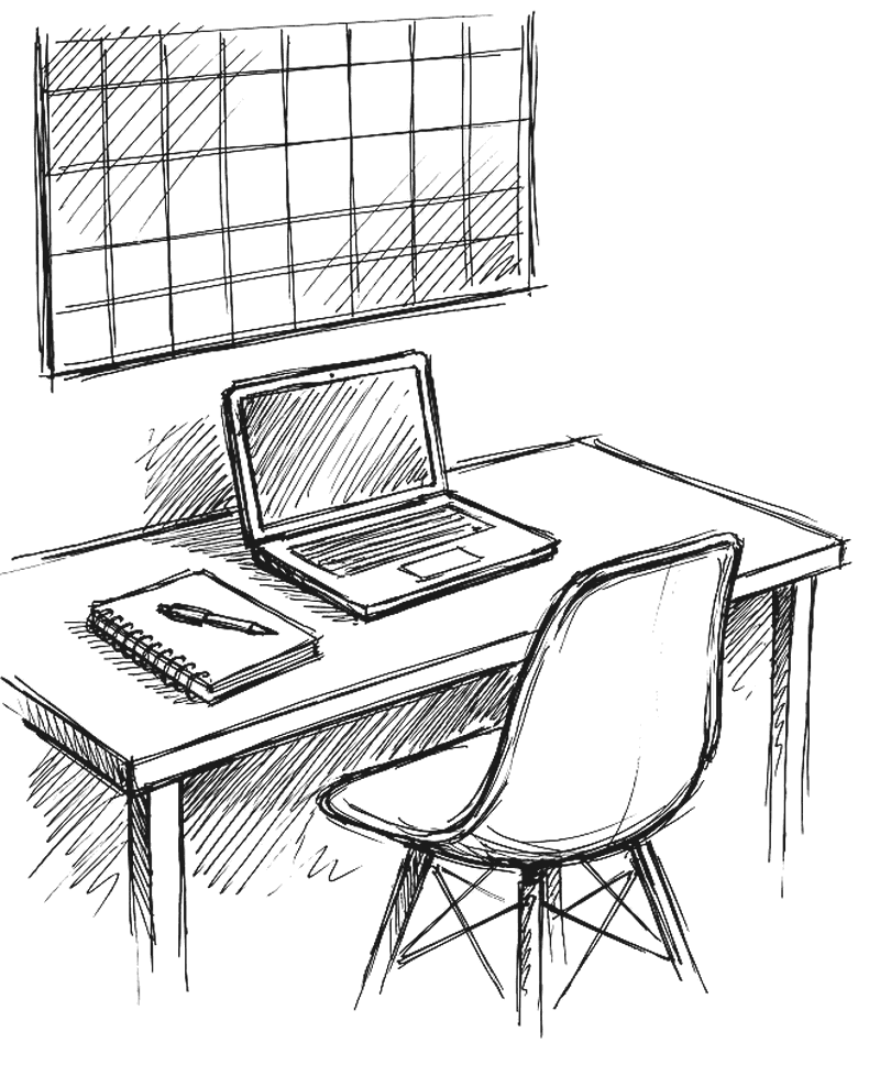 A hand-drawn sketch of a tidy desk by day: an open laptop, a spiral notebook with a pen, a wall calendar above and an empty chair