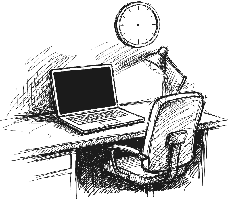 A hand-drawn sketch of the same desk at night: a laptop with a dark screen, a desk lamp, a wall clock and the chair pushed back and empty