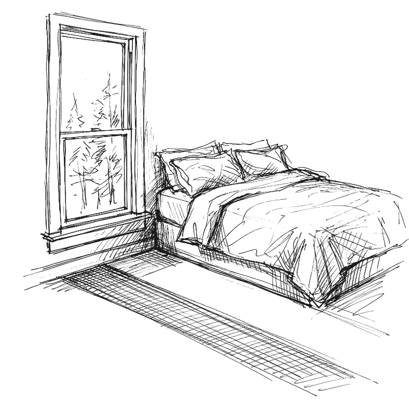 A hand-drawn sketch of a made bed beside a tall window with trees outside, a quiet empty room