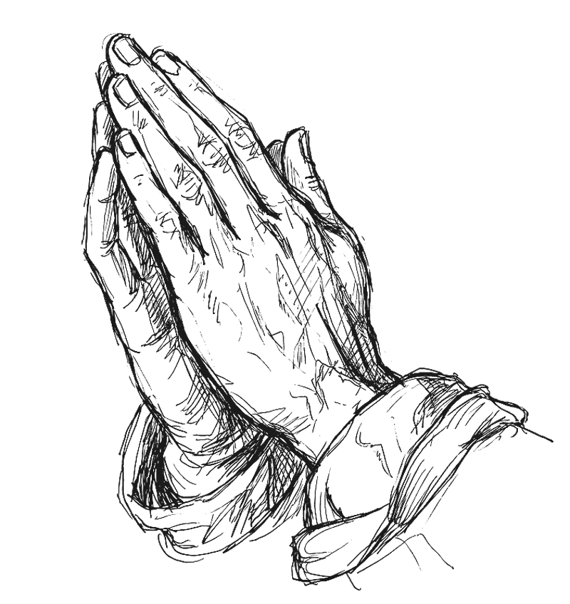 A hand-drawn sketch of two hands pressed together in prayer
