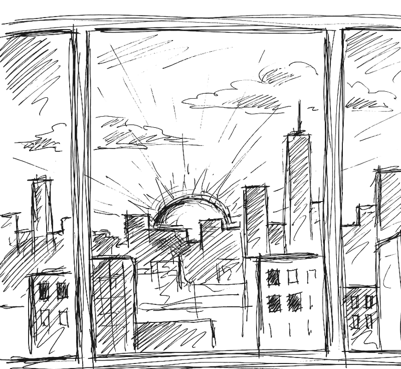 A hand-drawn sketch of a city skyline at first light, the sun rising between tall buildings seen through a window